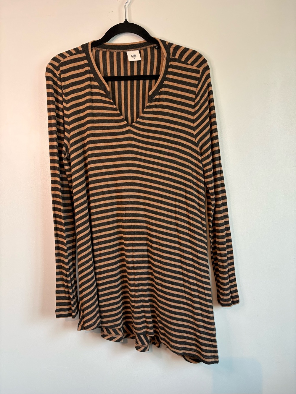CAbi Black & Tan Striped V-Neck Long Sleeve Top